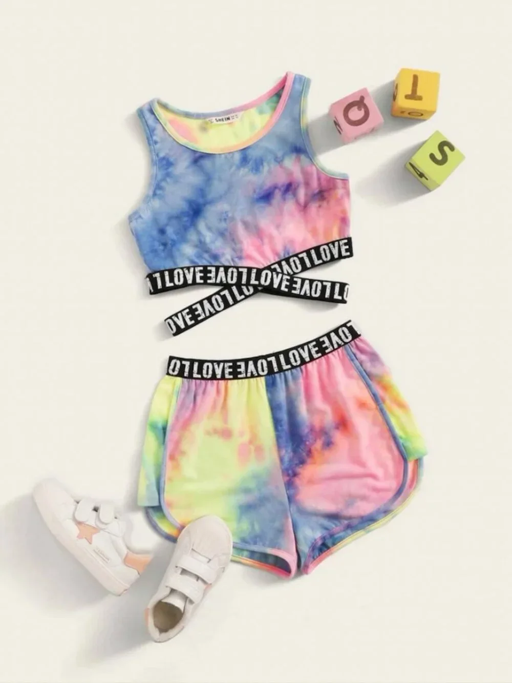 Girl Tie Dye Letter Tape Tank Top & Track Shorts Set 7